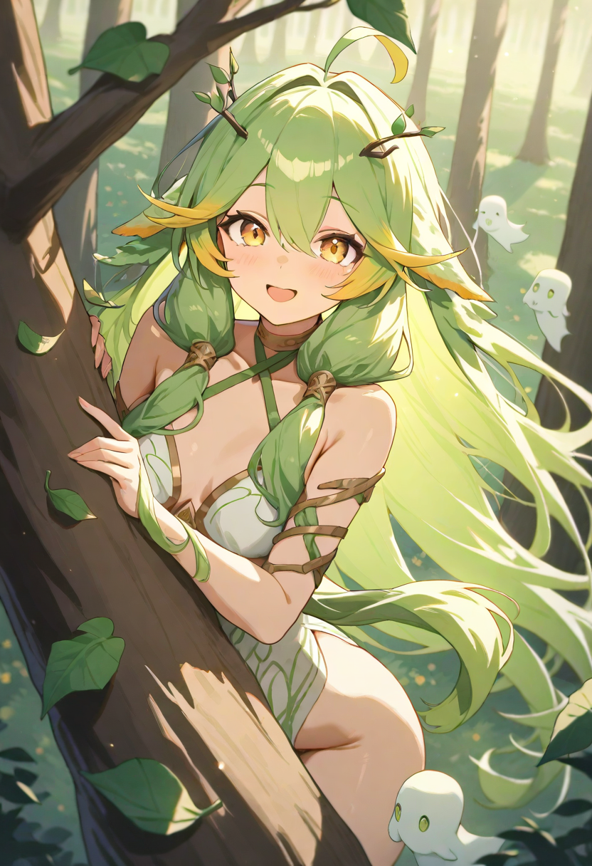 芽吹ハルニレ(木にもたれて落ち着いた表情)